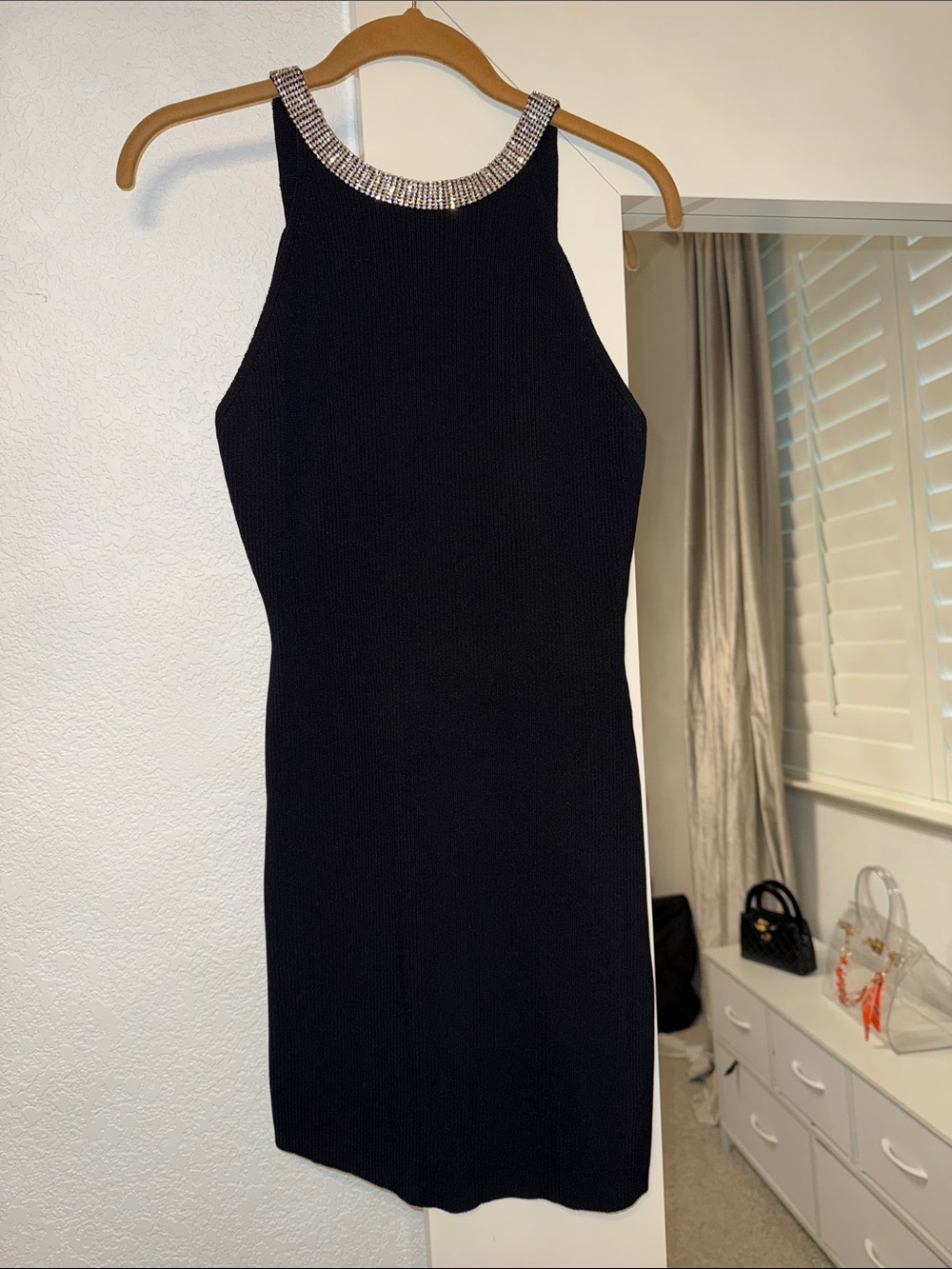 Endless Rose Jewel Trim Black Mini Dress with Rhinestone Halter